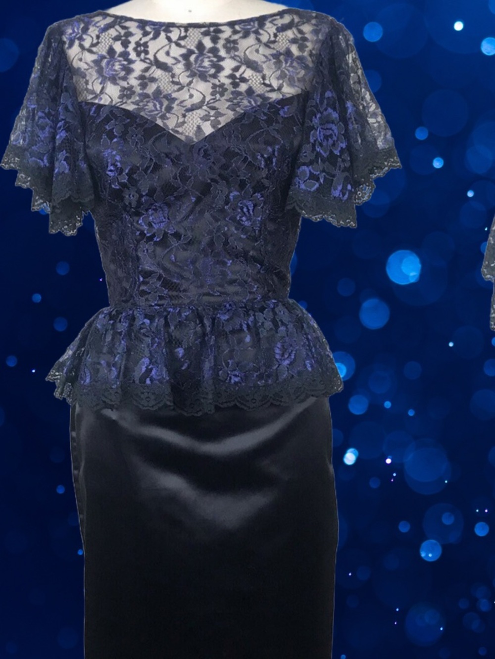 VINTAGE 1980s Gunne Sax Black Lace Peplum Cocktail Dress with Sash Satin Bow